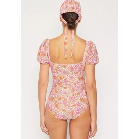 Marina West Pink Orange Green Floral Puff Sleeve One-Piece Swimsuit Size Medium - Picture 2 of 6